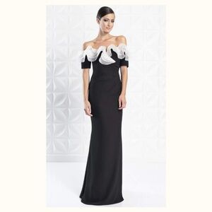 Alexander by Daymor Ruffled Off Shoulder Sheath Gown Black Dress
